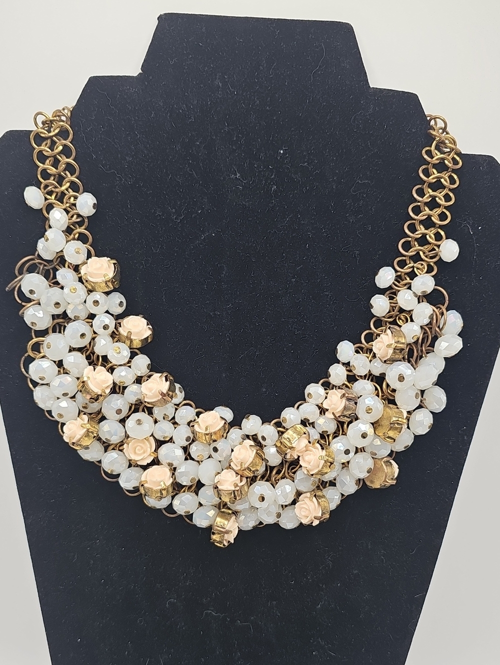 Gold and White Cluster Carved Roses Bib Statement Necklace. Vintage